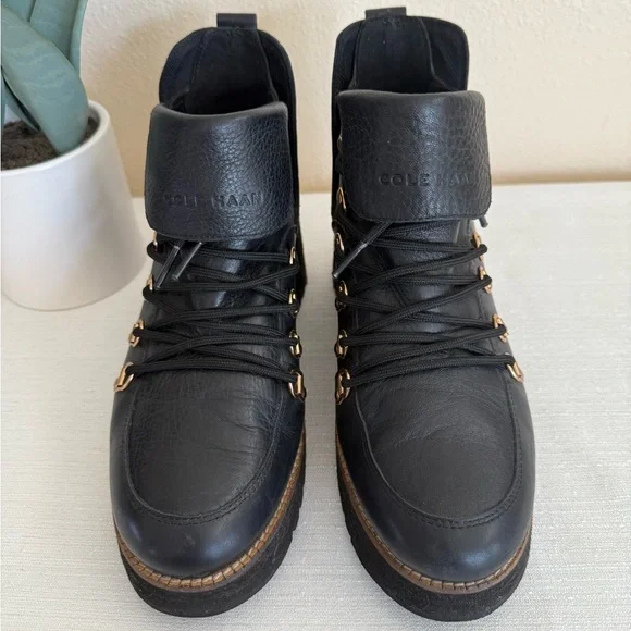 Cole Haan Black Leather Lace Up Wedge Waterproof Ankle Boots - Picture 2 of 11
